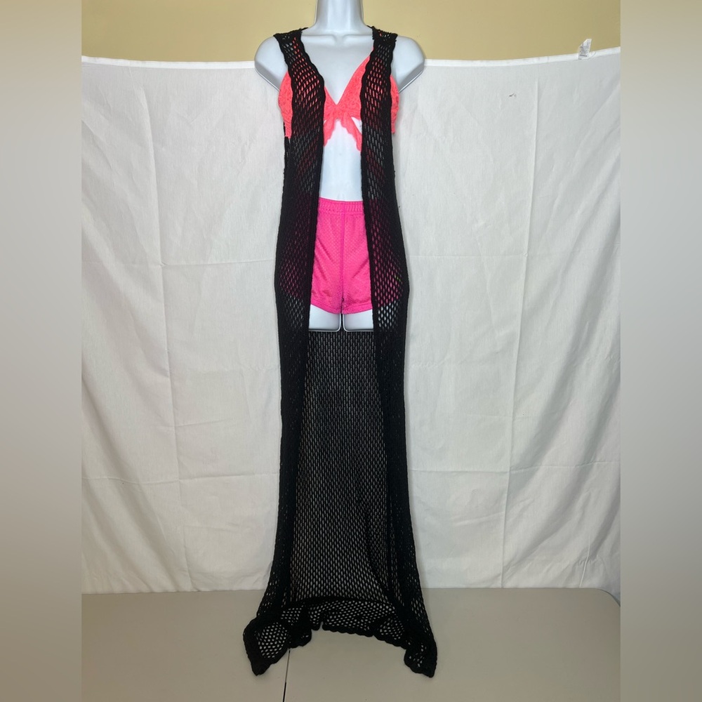 Olivia Sky Black Crochet Sleeveless Maxi Duster Vest Open Front Medium 65" Long